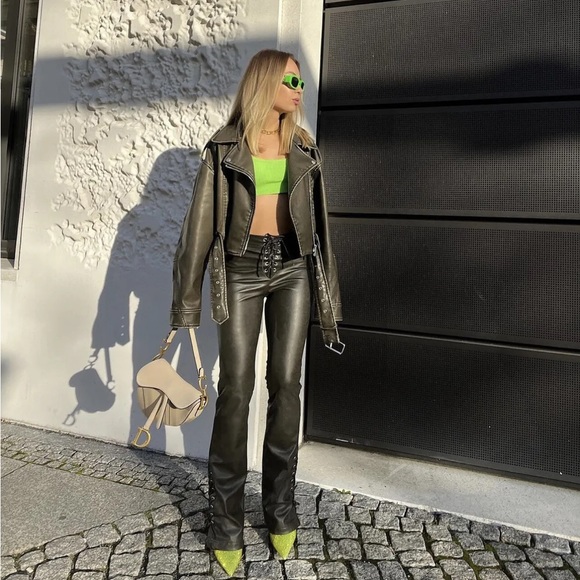 New Zara Dark Brown Faux Leather High Waist Pants Large XL 7901/502 - Picture 3 of 12